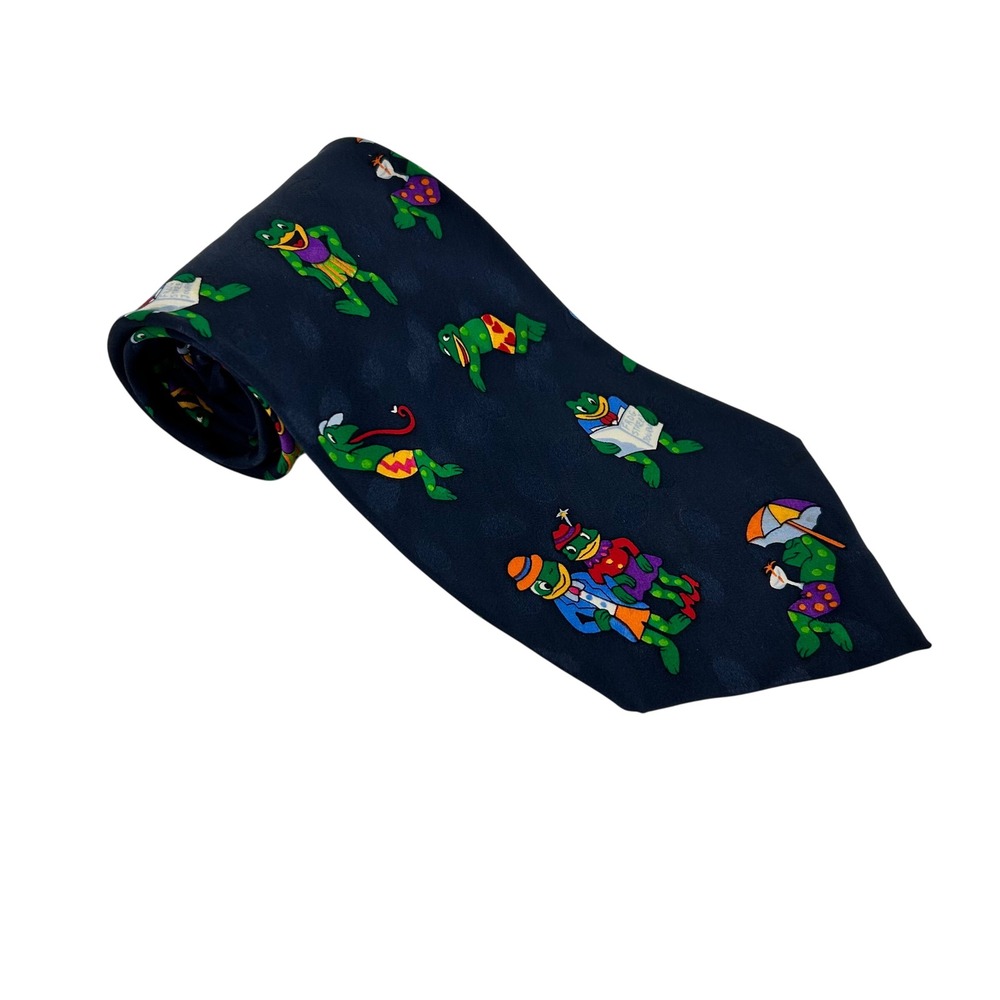 Addiction Mens Silk Tie Navy Blue Novelty Frog Print Hand Made Necktie